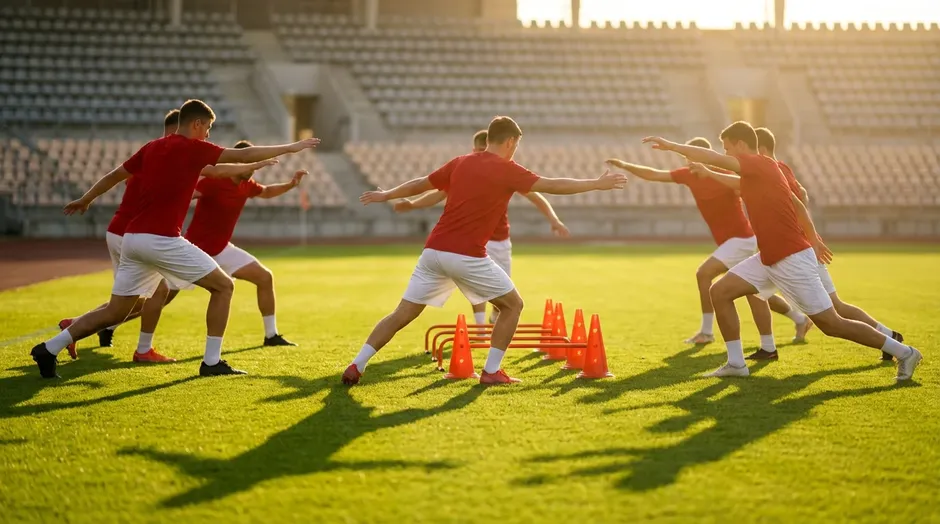 Schweizer Nationalspieler in roten Trikots beim Training auf dem Fussballplatz vor einem internationalen Turnierspiel