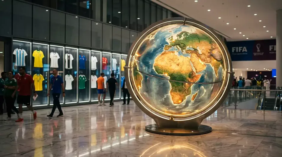 Weltkarte mit den vier WM-Debütanten 2026: Küracao, Kap Verde, Jordanien und Usbekistan hervorgehoben