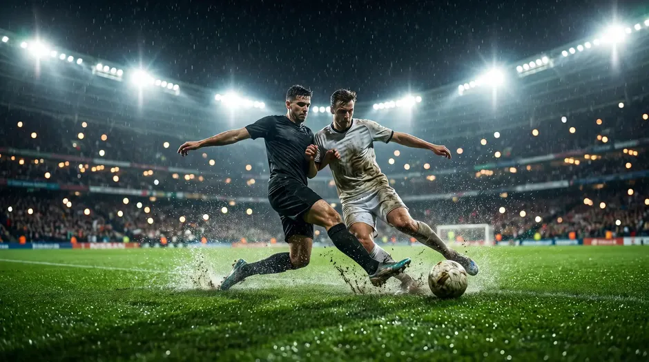 Fussballspieler im Zweikampf auf dem Rasen eines grossen Stadions während eines hochklassigen Turnierspiels bei Flutlicht