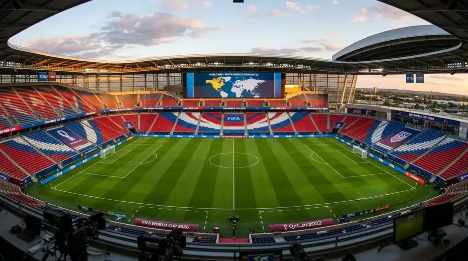 Panorama der WM 2026 Austragungsorte in den USA, Mexiko und Kanada mit Stadionansichten