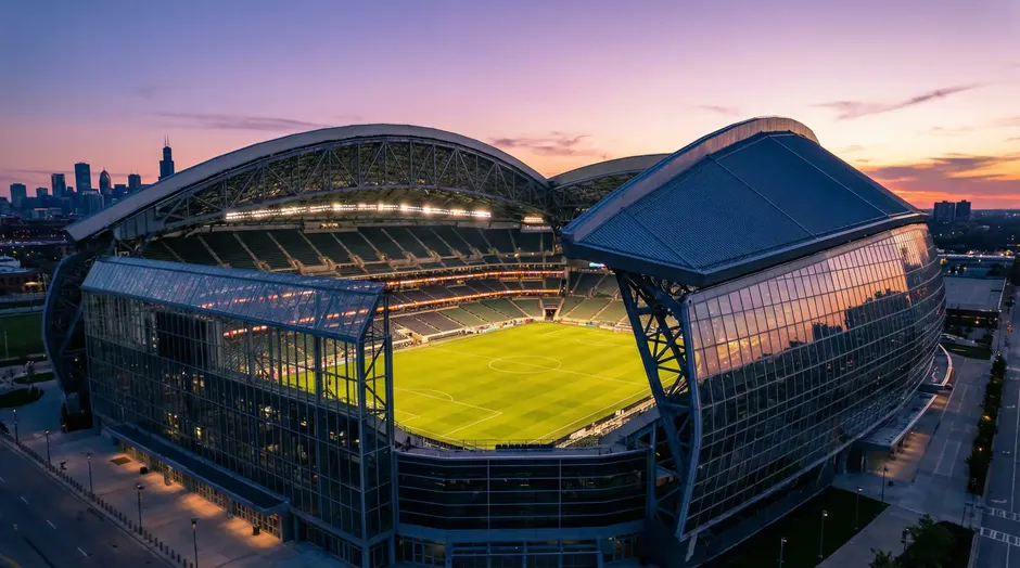 Modernes Fussballstadion in Nordamerika bei Sonnenuntergang mit Blick auf das Spielfeld vor Beginn eines WM-Spiels