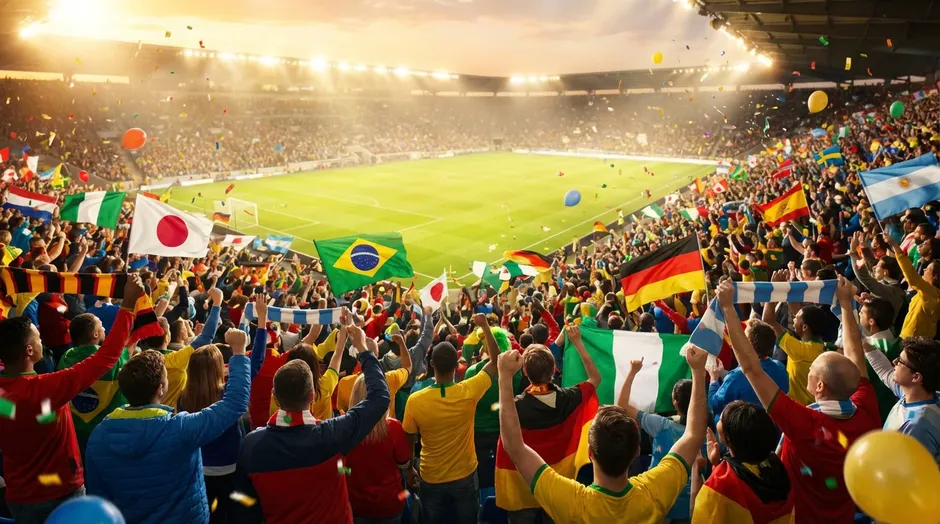 Begeisterte Fussballfans mit Nationalflaggen verschiedener Länder auf der Tribüne eines WM-Stadions während der Gruppenphase