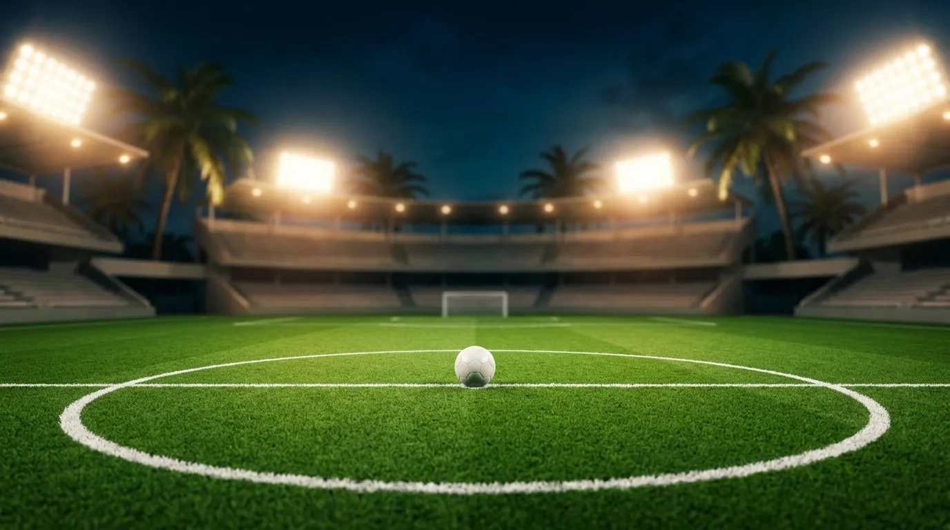 Modernes Stadion bei Nacht unter Flutlicht, grüner Rasen mit Anstosskreis im Vordergrund