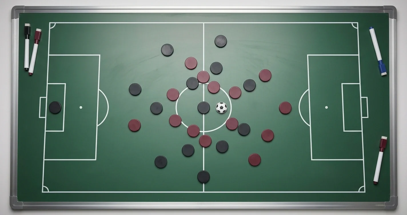 Taktiktafel mit grünem Spielfeld und abstrakten Formationsmarkierungen