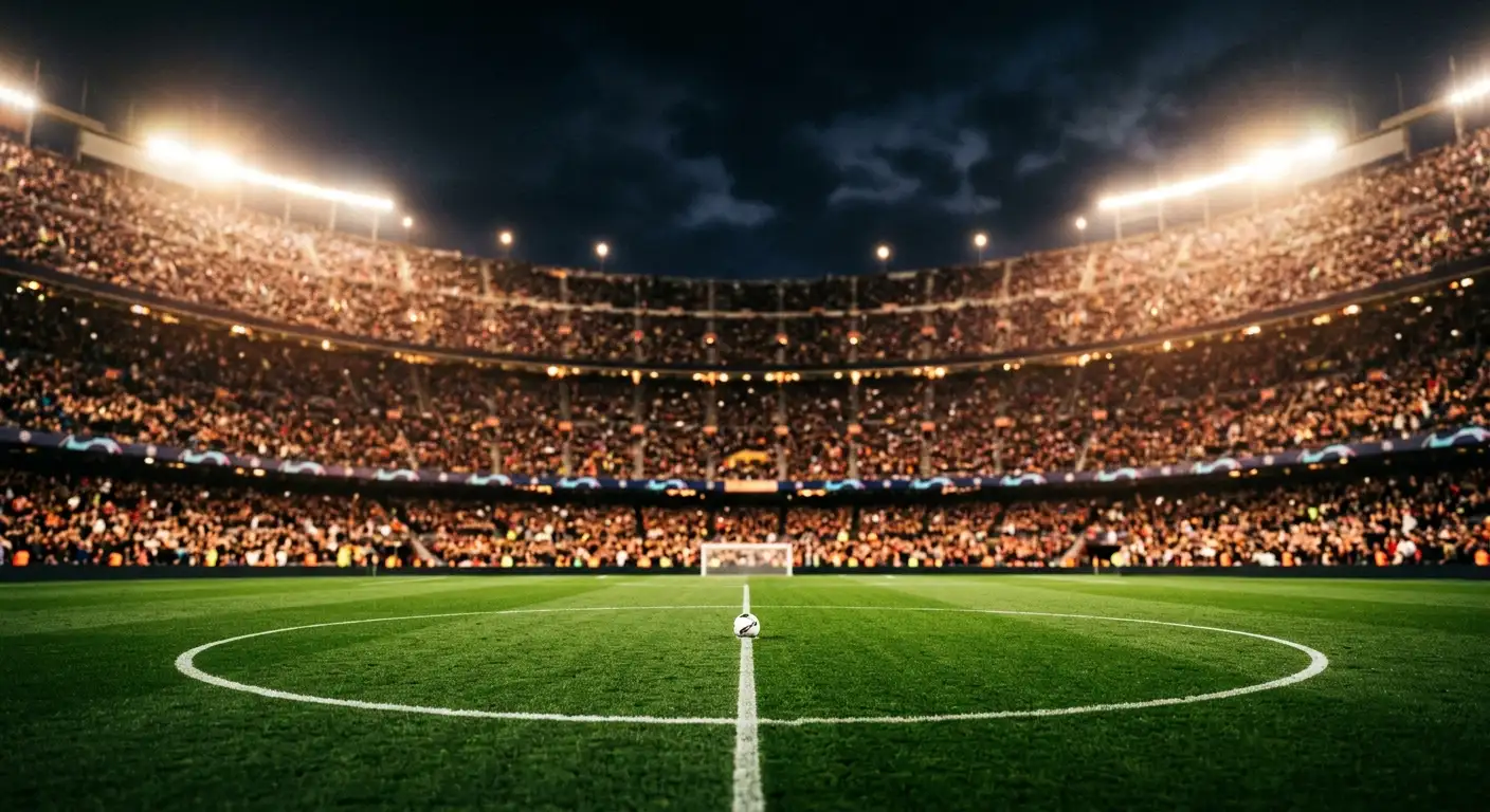 Fussballstadion bei Nacht unter Flutlicht, grüner Rasen und ein einzelner Ball im Vordergrund, gefüllte Ränge im Hintergrund