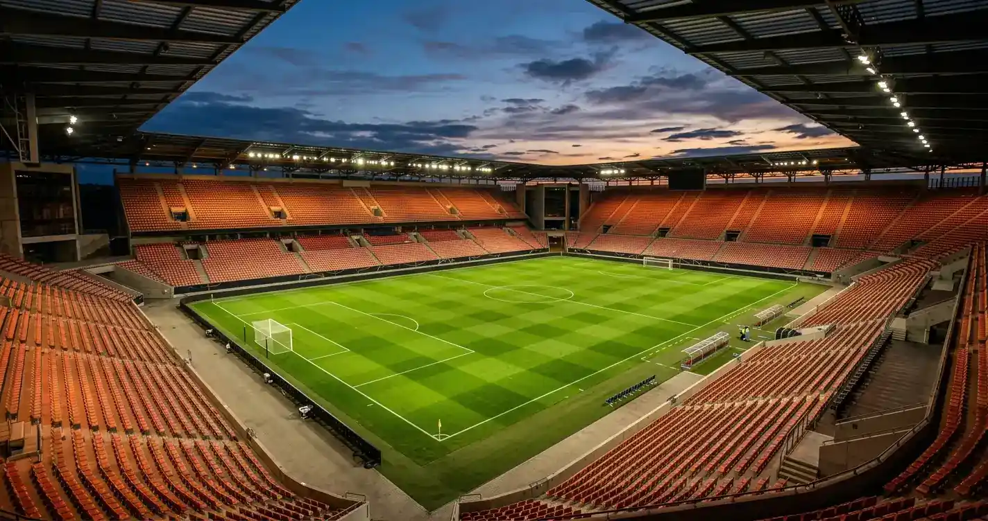 Modernes Fussballstadion bei Dämmerung mit grünem Rasen vor dem Anpfiff