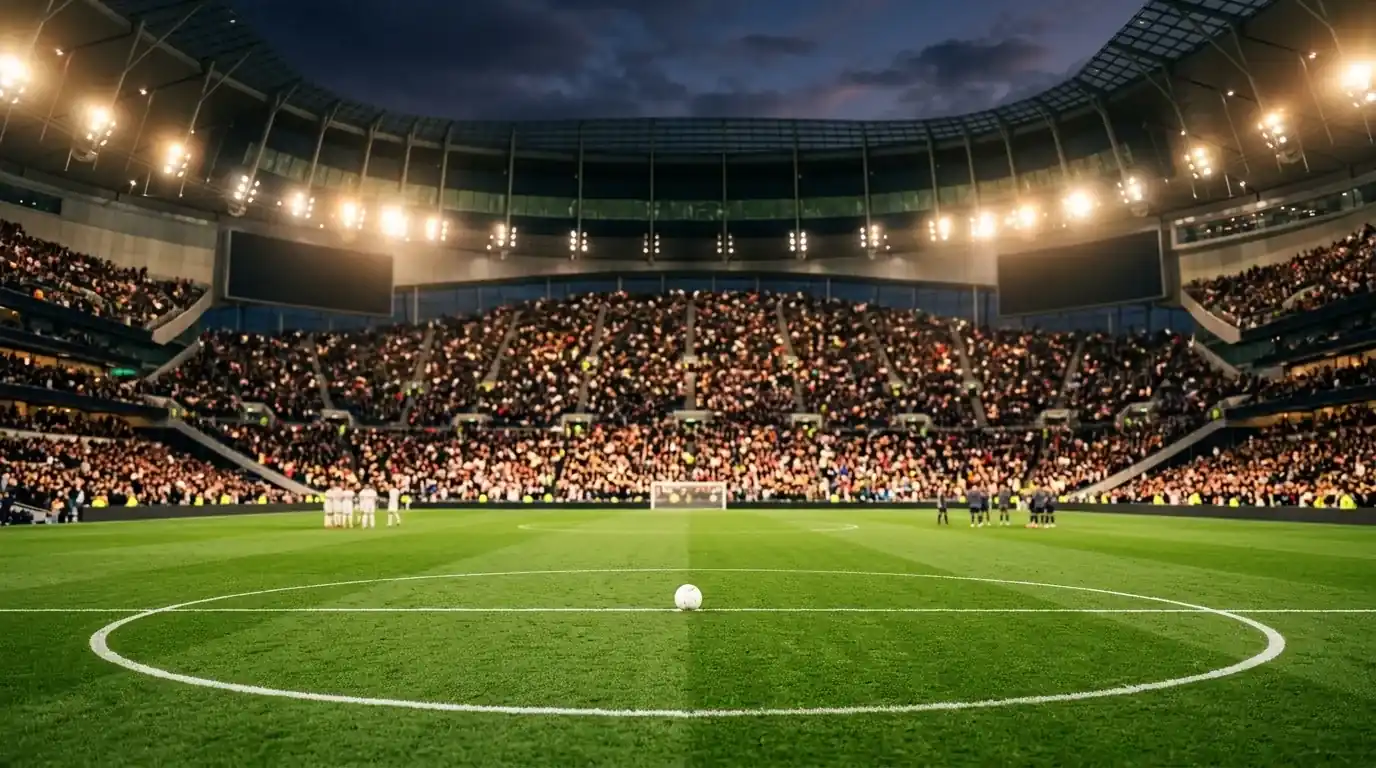Modernes Fussballstadion unter Flutlicht am Abend, grüner Rasen und Anstosskreis im Vordergrund