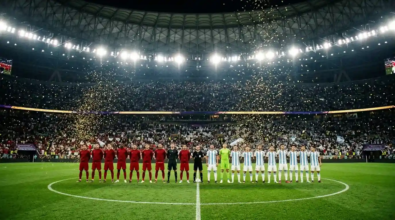 Zwei Nationalteams vor dem WM-Finale in einem vollen, hell erleuchteten Stadion, goldenes Konfetti in der Luft