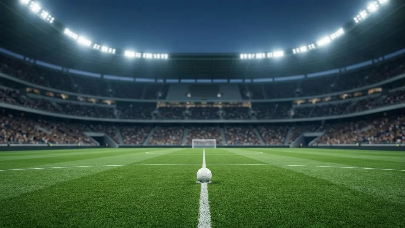 Grafisch anmutender Turnierbaum-Blick in ein modernes Stadion bei Flutlicht