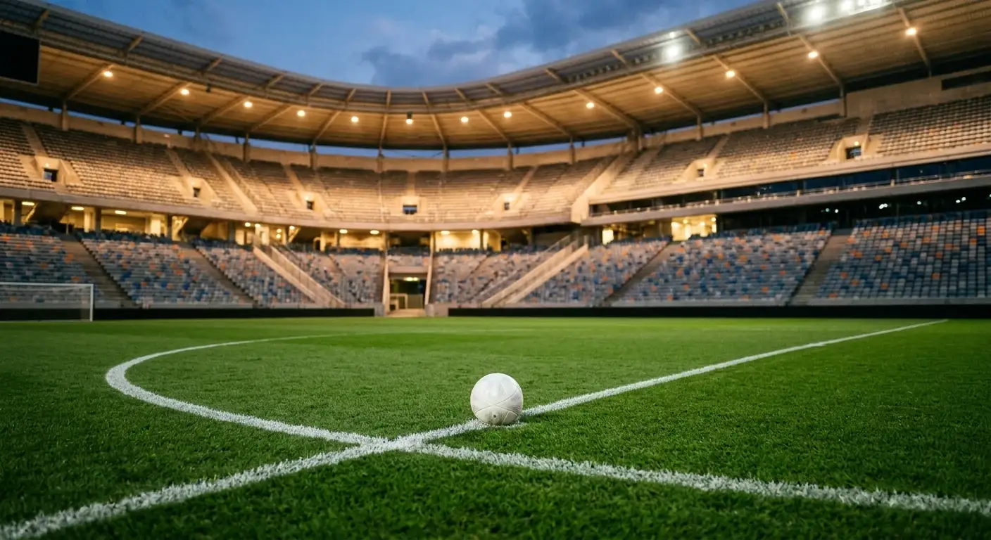 Rasen eines WM-Stadions im Abendlicht mit Anstosskreis, leere Ränge im Hintergrund