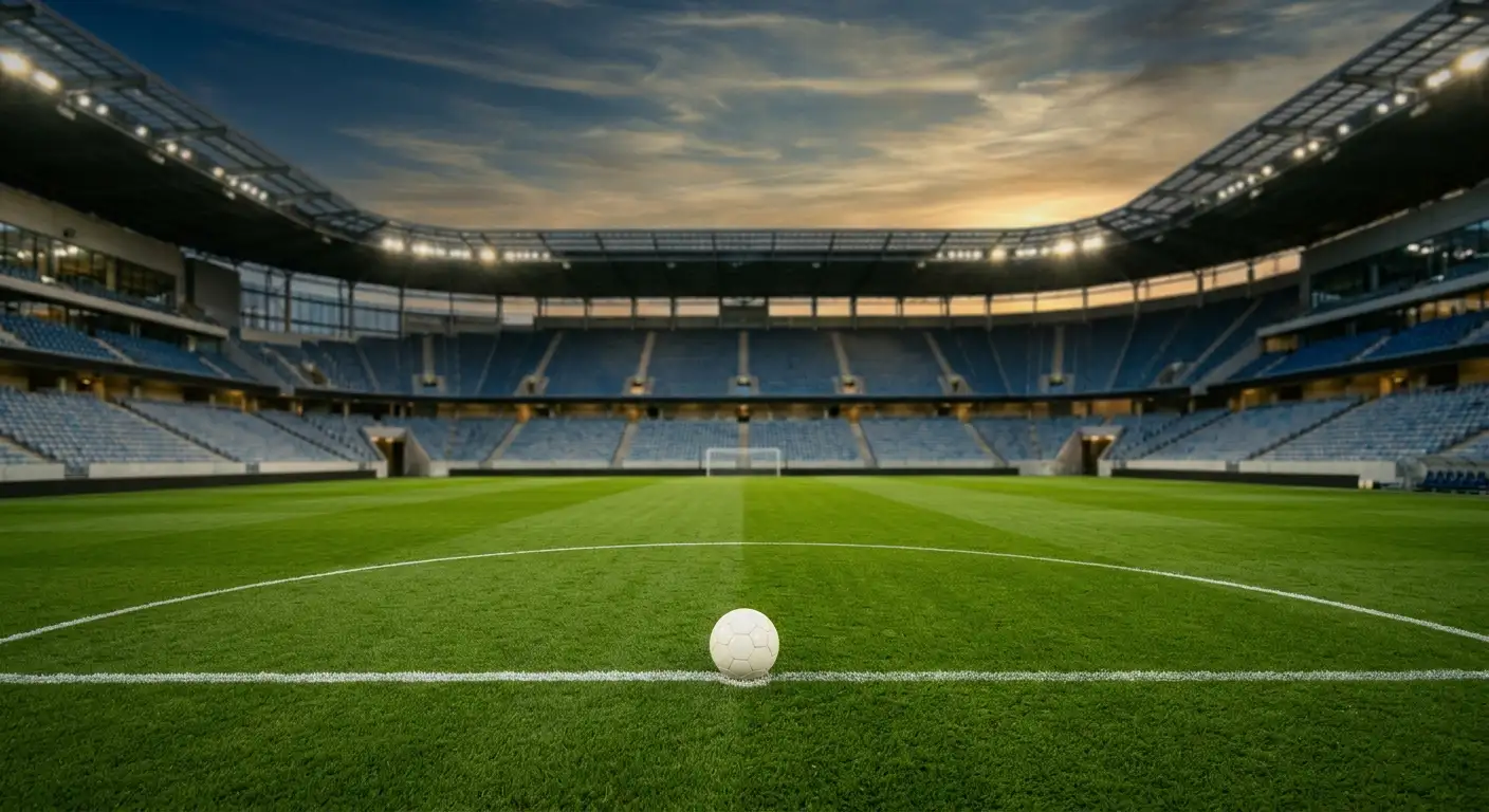 Rasen eines WM-Stadions im Abendlicht mit Anstosskreis, leere Ränge im Hintergrund