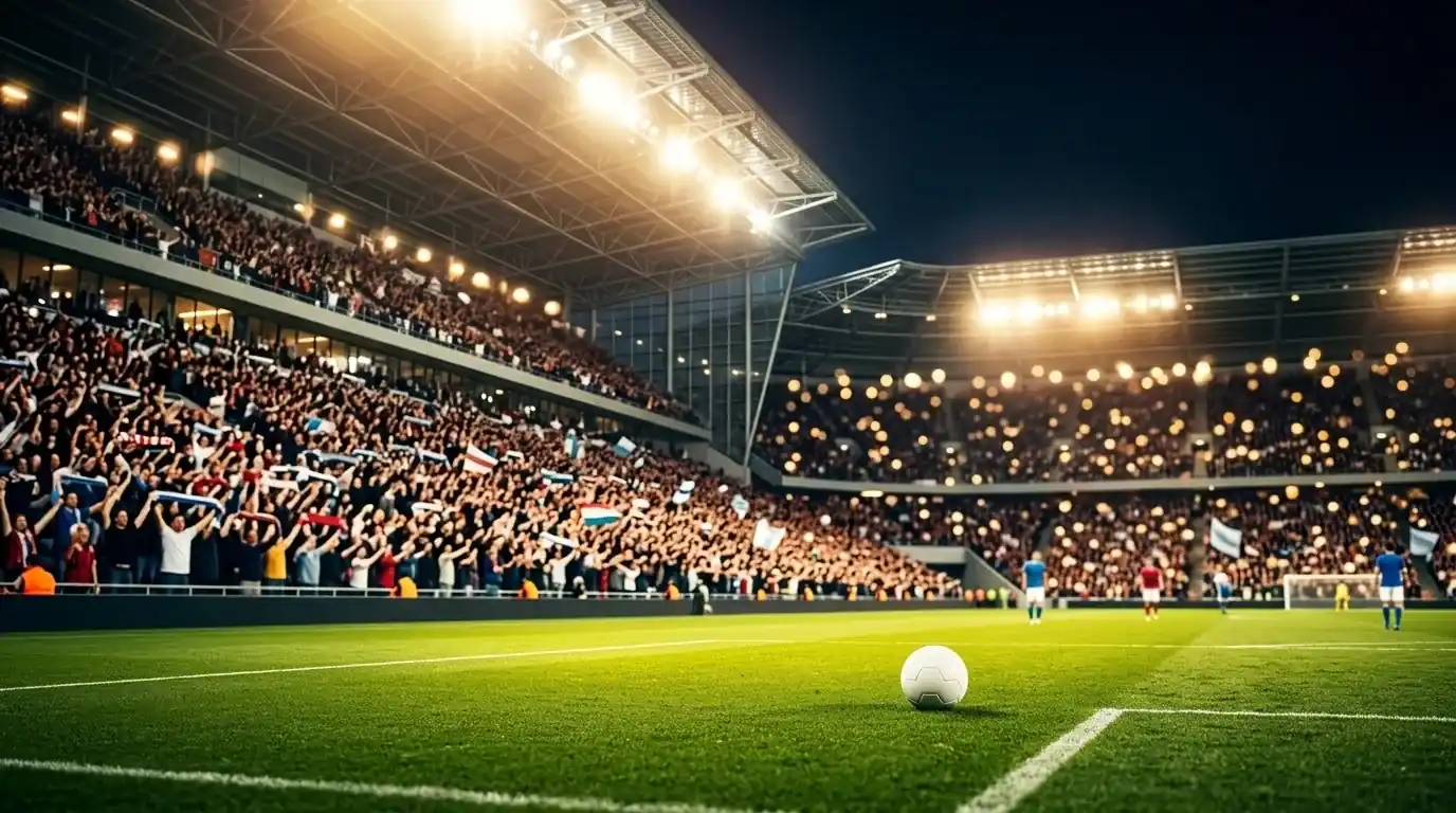 Volles WM-Stadion bei Flutlicht am späten Abend, Fans mit Schals auf den Rängen