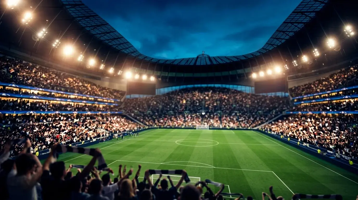 Volles WM-Stadion bei Flutlicht am Abend, Fans mit Schals auf den Rängen