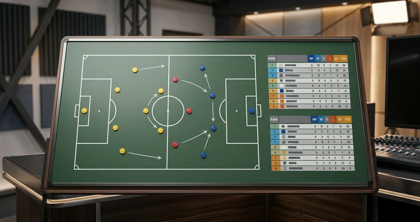 Taktiktafel mit Tabellenständen der WM-2026-Gruppen C und D