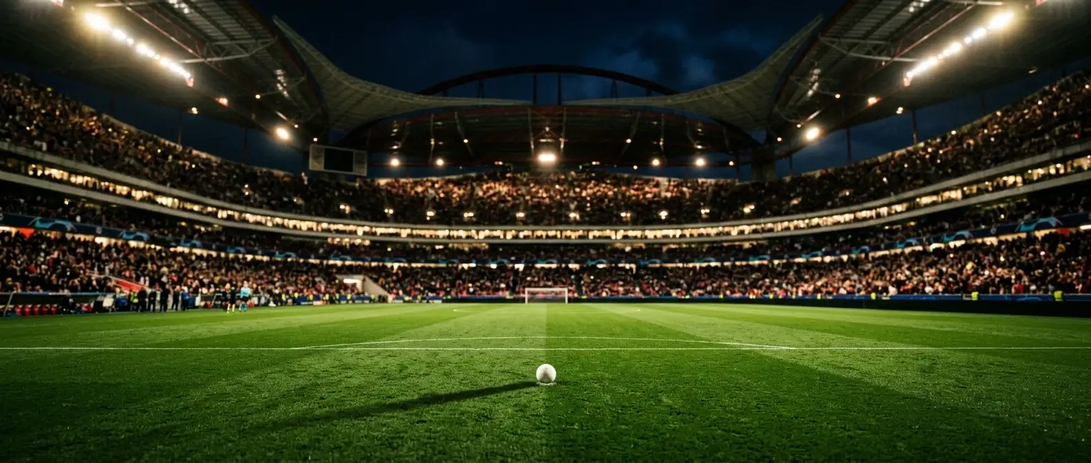 Fussballstadion bei Flutlicht am Abend, grüner Rasen im Vordergrund, gefüllte Ränge im Hintergrund
