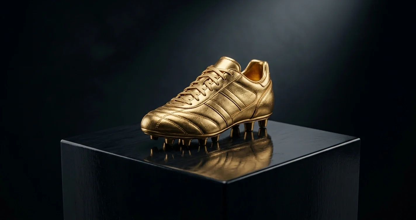 Goldener Fussballschuh als Trophäe auf einem Podest mit weichem Licht