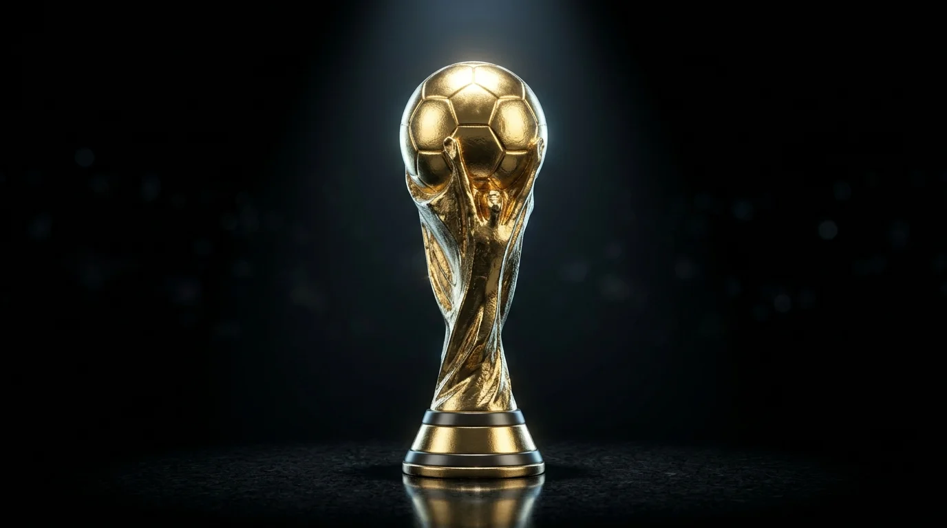 Glänzender goldener Fussballpokal auf dunklem Hintergrund im Spotlight